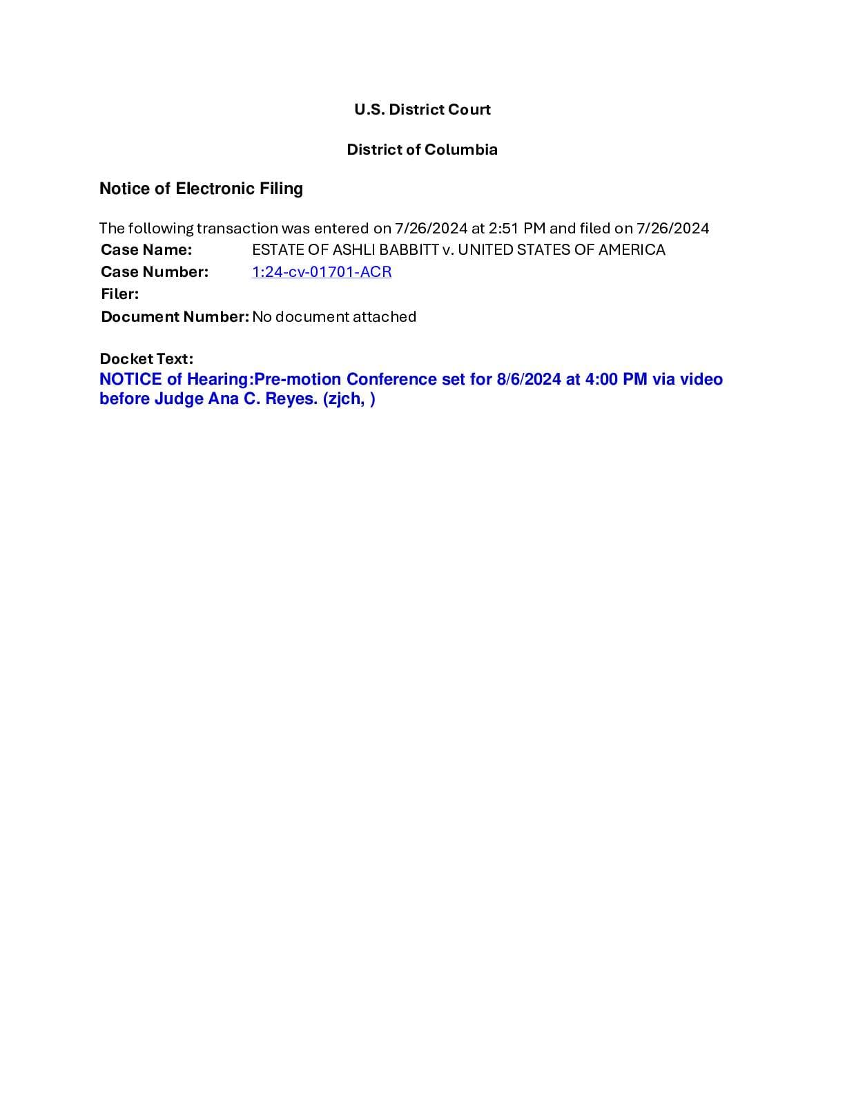 Estate of Ashli Babbitt v U.S.A. Notice of Hearing 00033 01701
