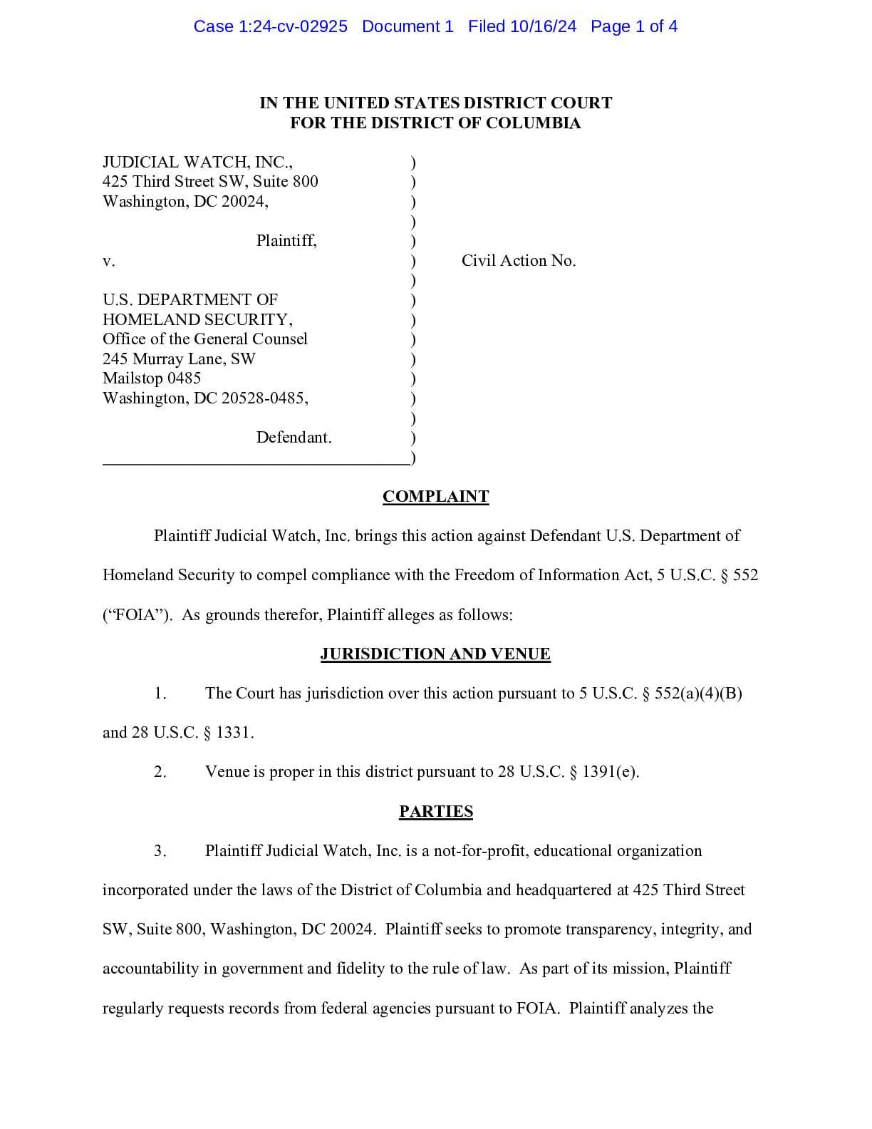 JW v. DHS USSS breast feeding complaint 02925