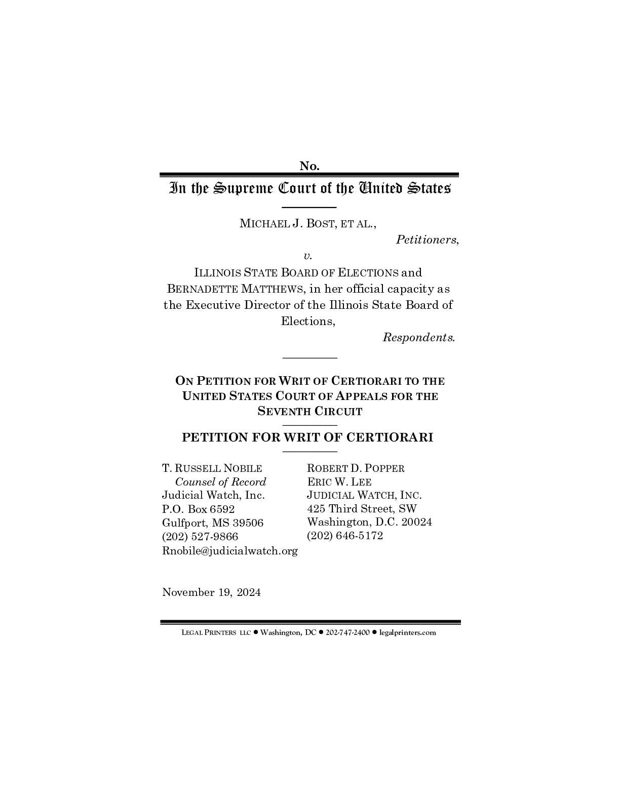 Bost v IL Board of Elections Cert Petition 02754 2644