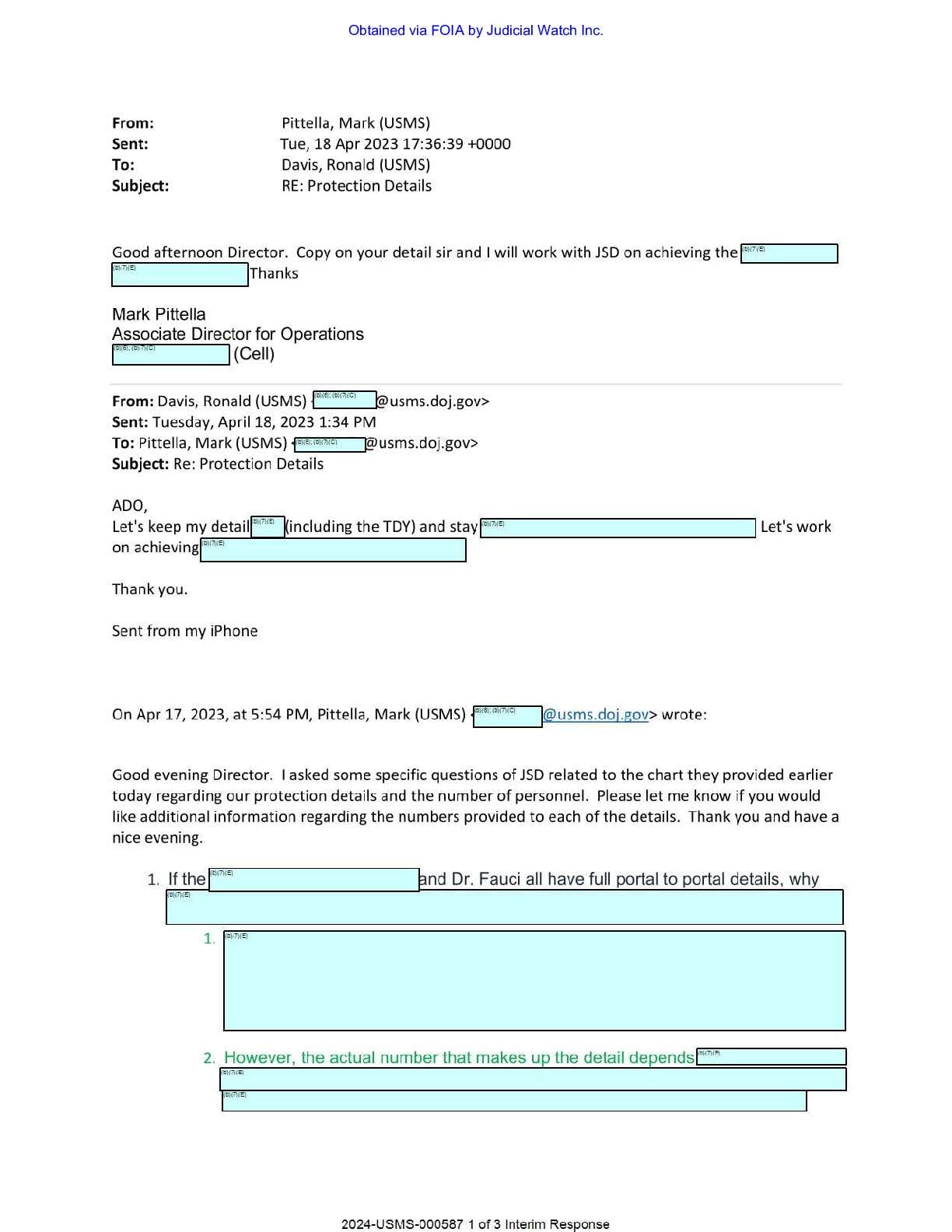 JW v DOJ Fauci US Marshals Detail records 02606