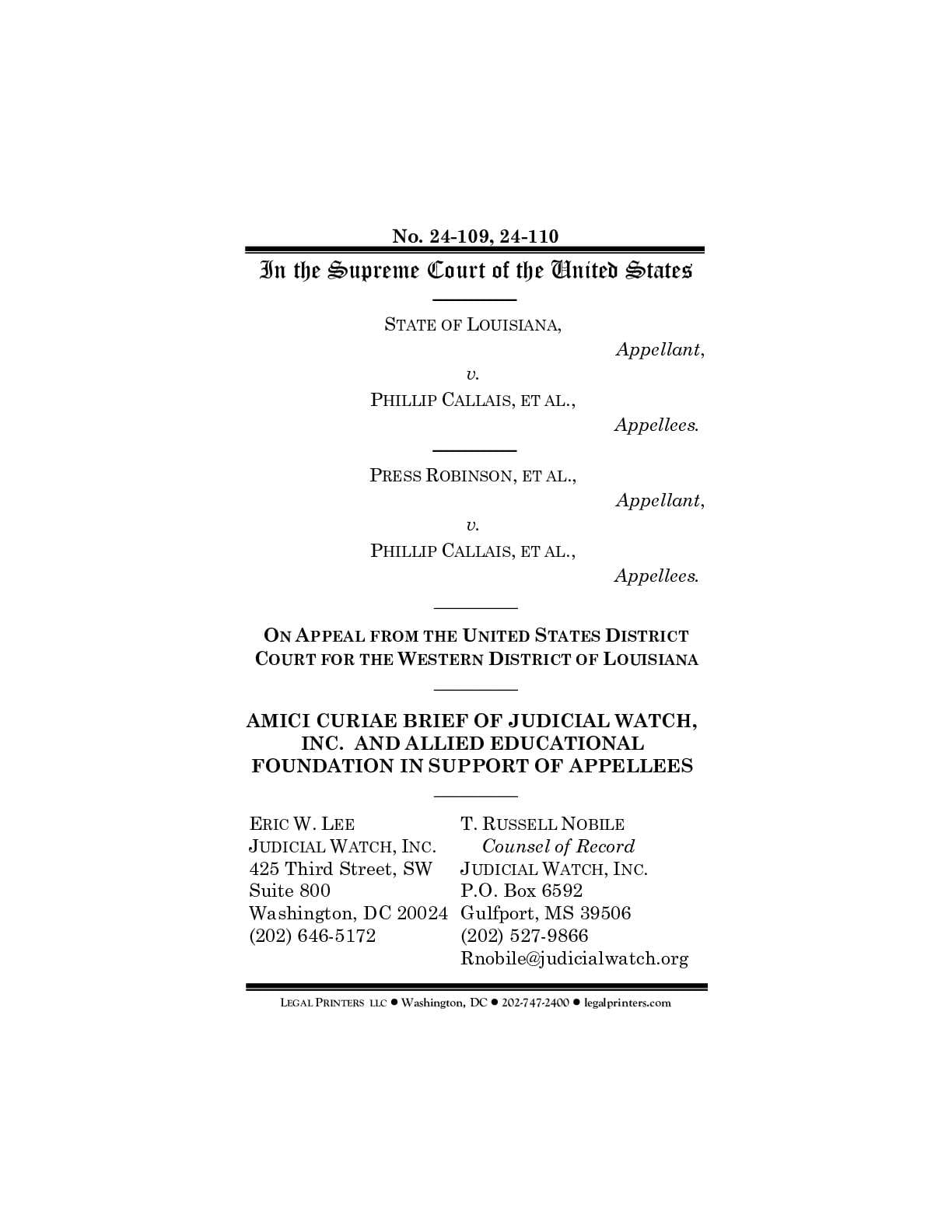 Louisiana v Callais Gerrymander amici 109 110