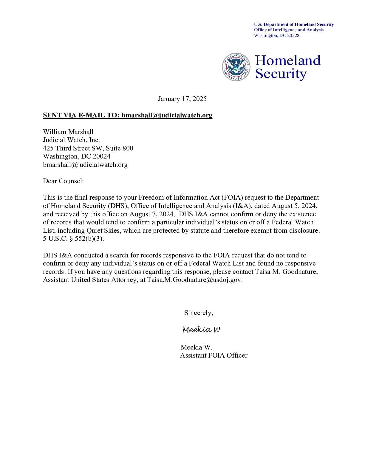 JW v DHS Gabbard TSA I & A Response 03427