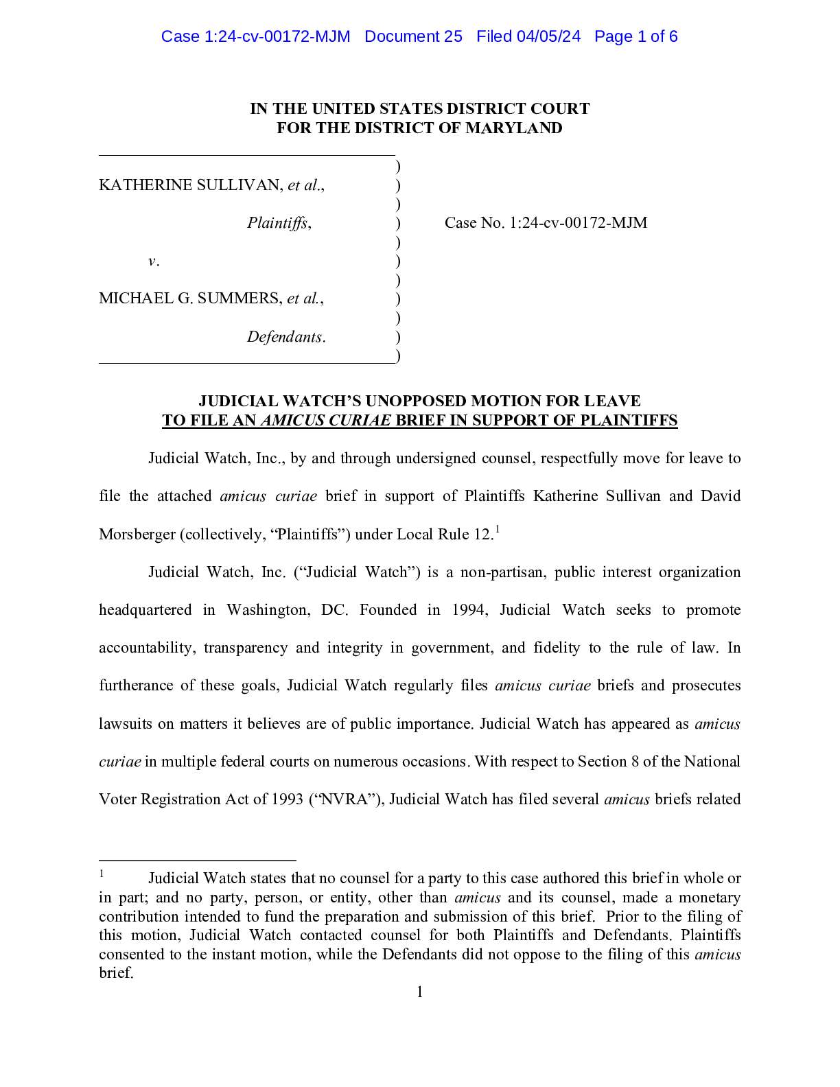Sullivan v Summers Maryland NVRA amicus and opinion 00172