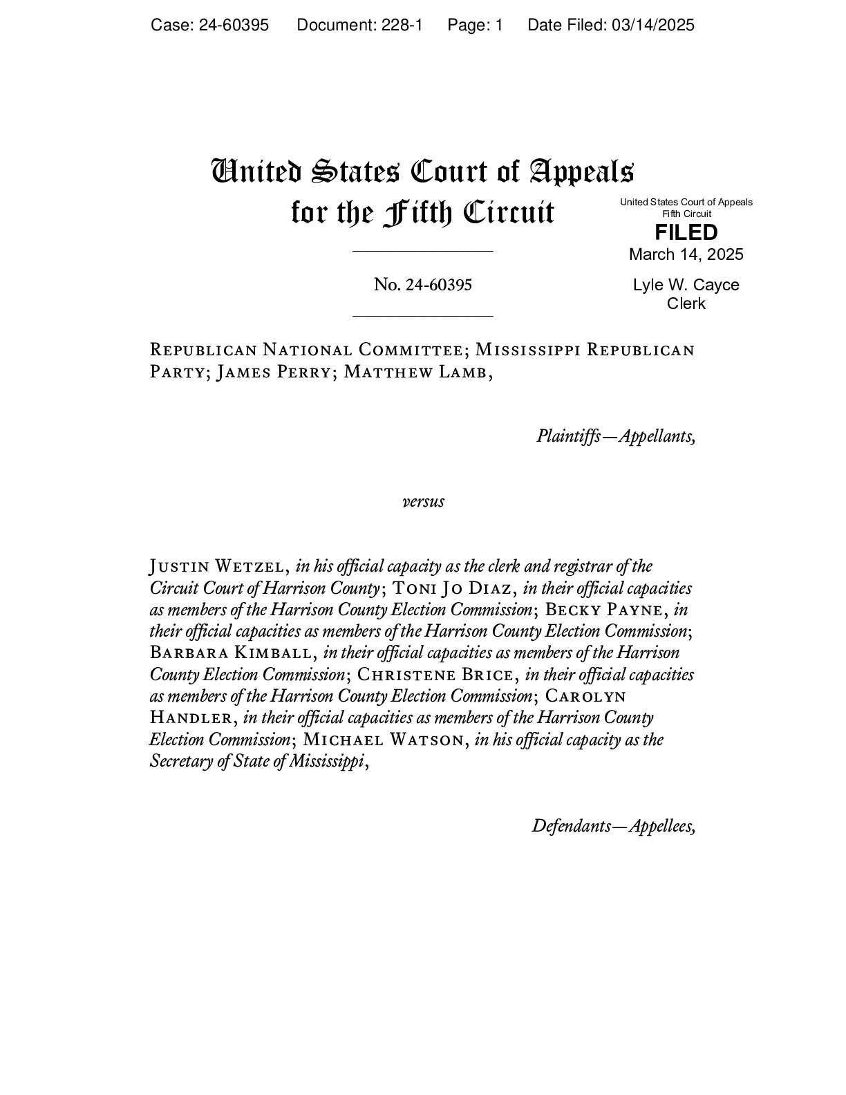 Libertarian Party of Mississippi v Wetzel en banc denied 60395 00037 1260