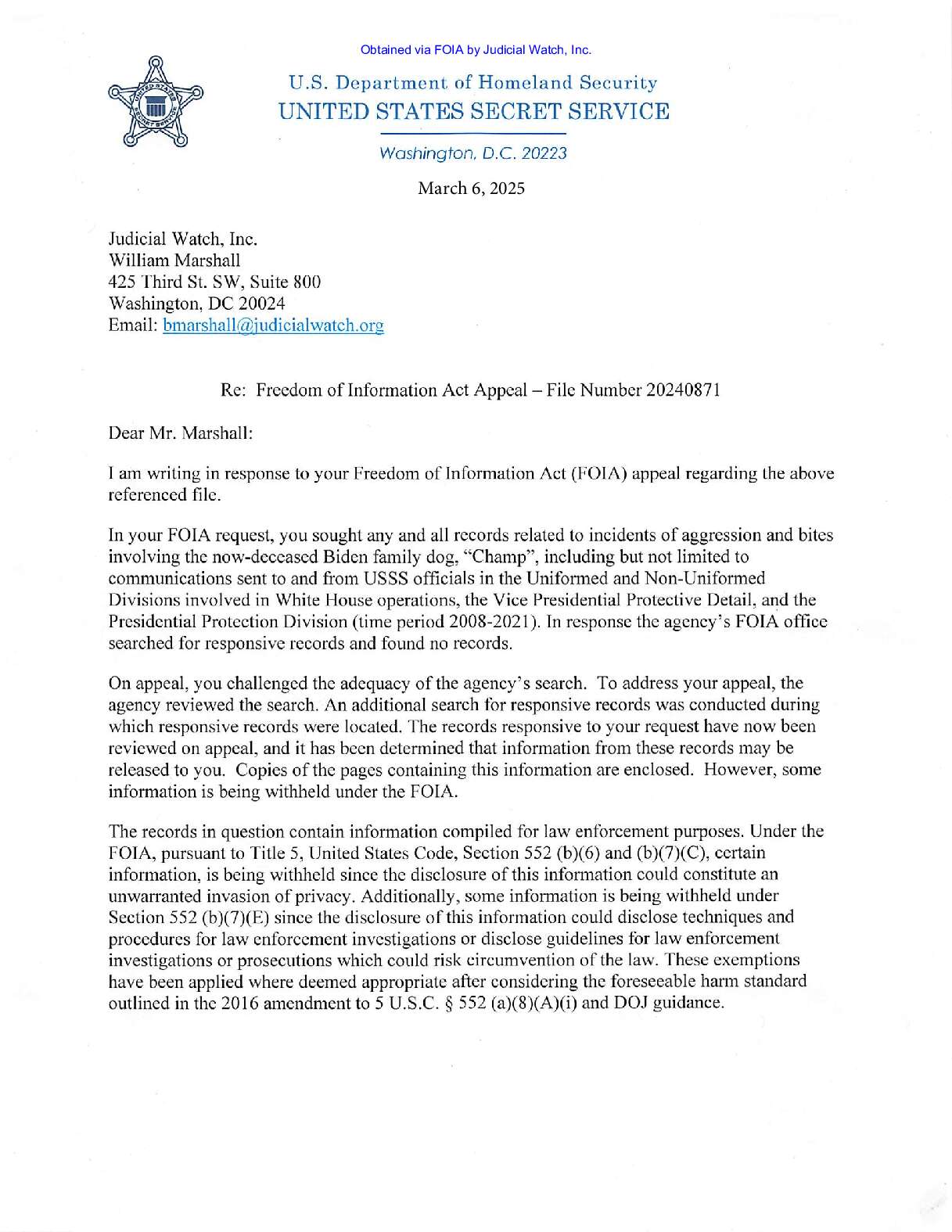 DHS USSS Biden Dog Bites Records March 2025