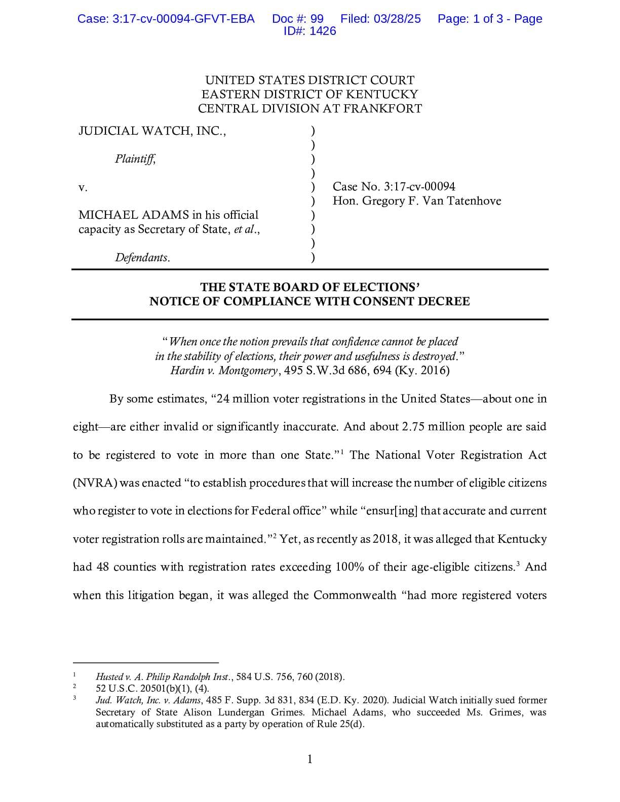 JW v. Adams KY NVRA compliance notice 00094