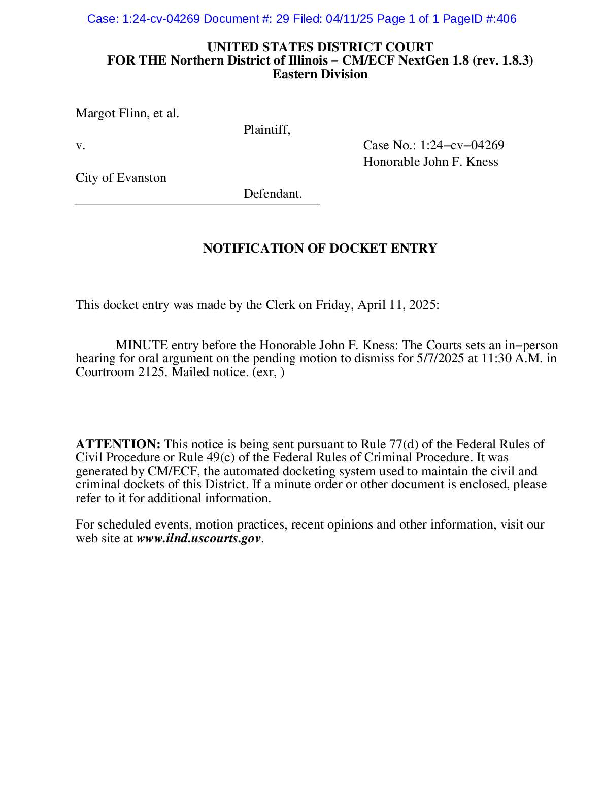 Flinn v Evanston hearing order 04269