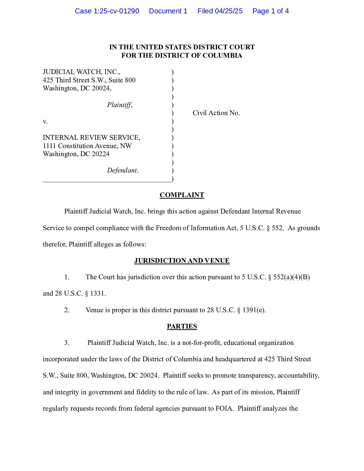 JW v. IRS Jan 6 complaint 01290