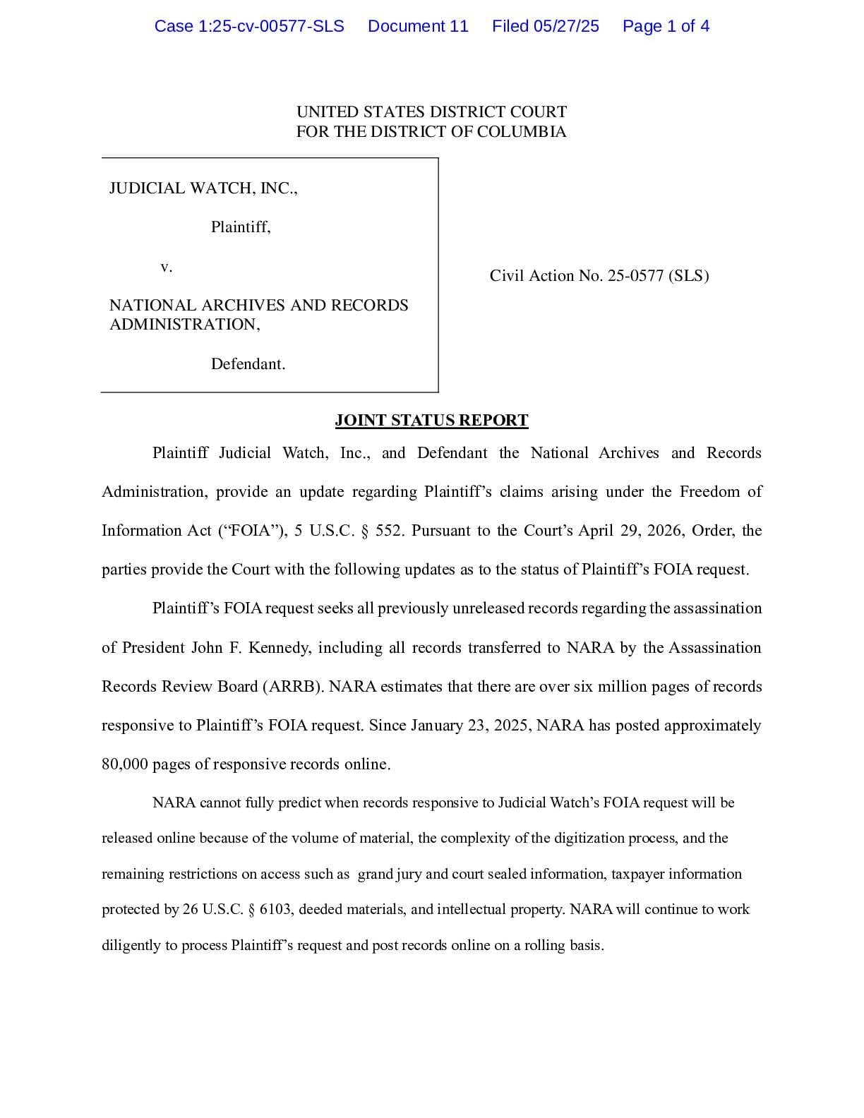 JW v NARA Kennedy JSR 00577