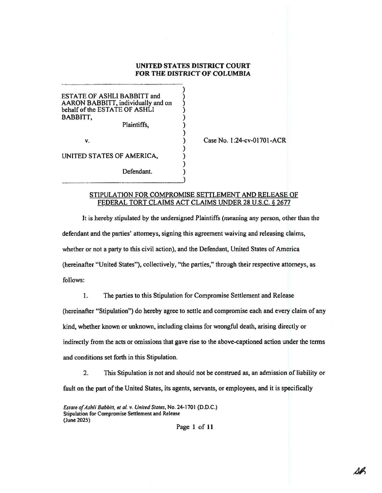 Estate of Ashli Babbitt et al. v U.S.A. settlement 00033 01701