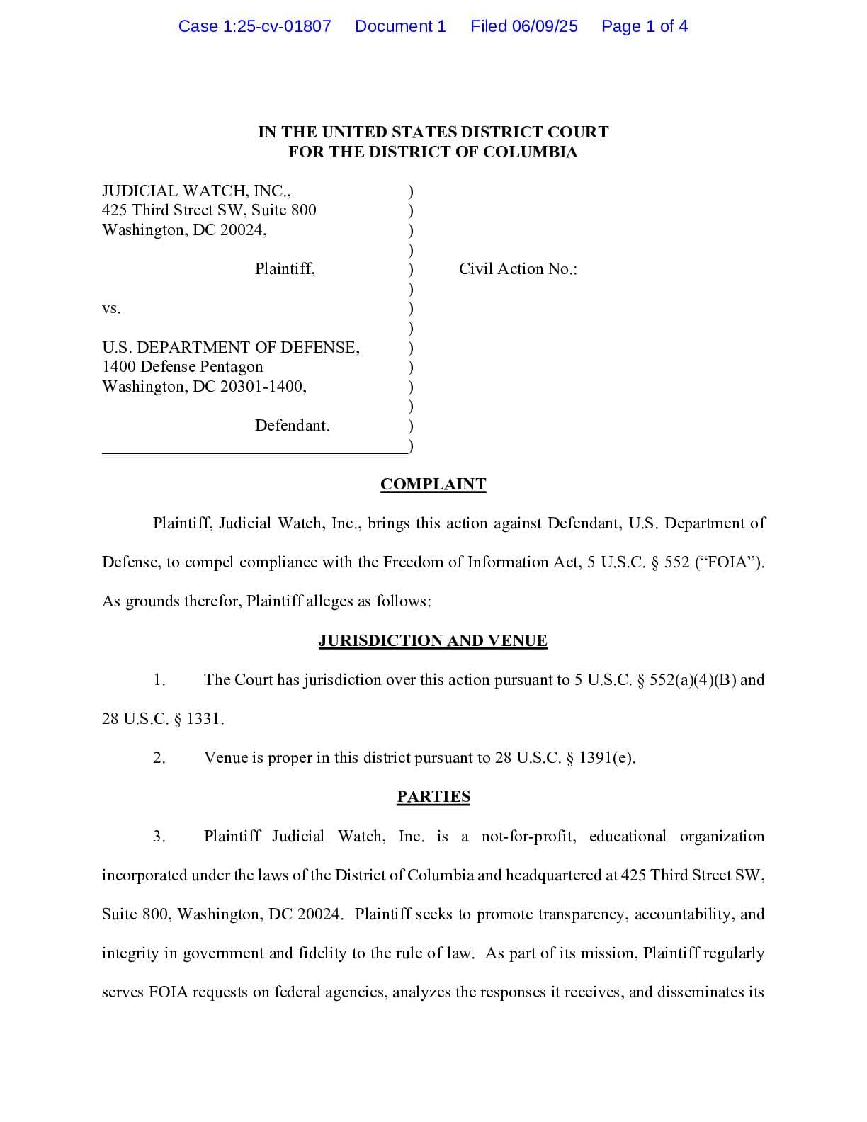 JW v. DOD Wuhan Covid complaint 01807