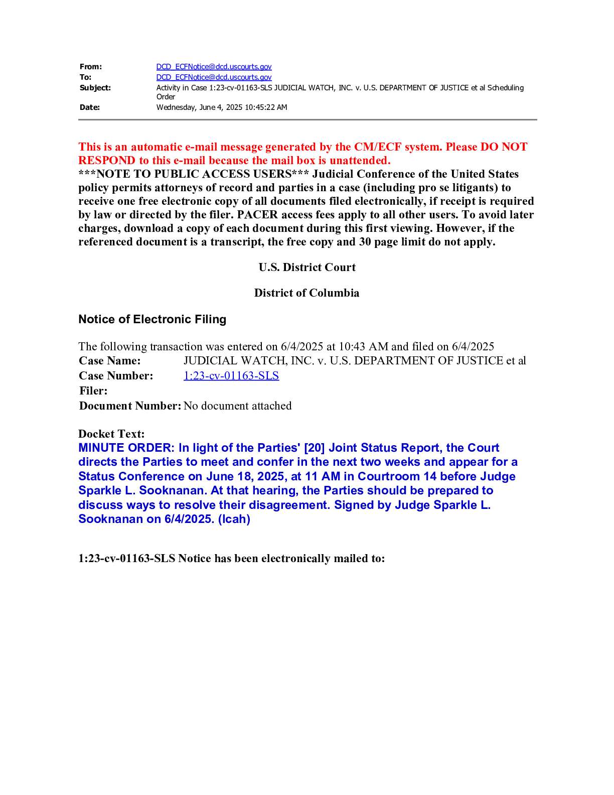 JW v. DOJ Twitter hearing order 01163