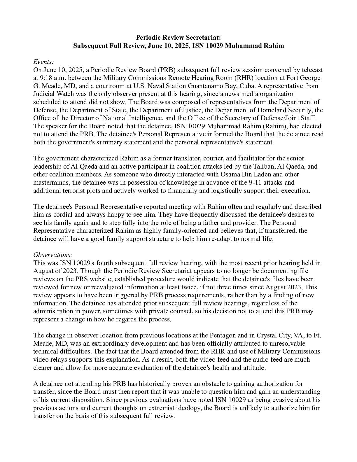 Periodic Review Secretariat: Subsequent Full Review, June 10, 2025, ISN 10029 Muhammad Rahim