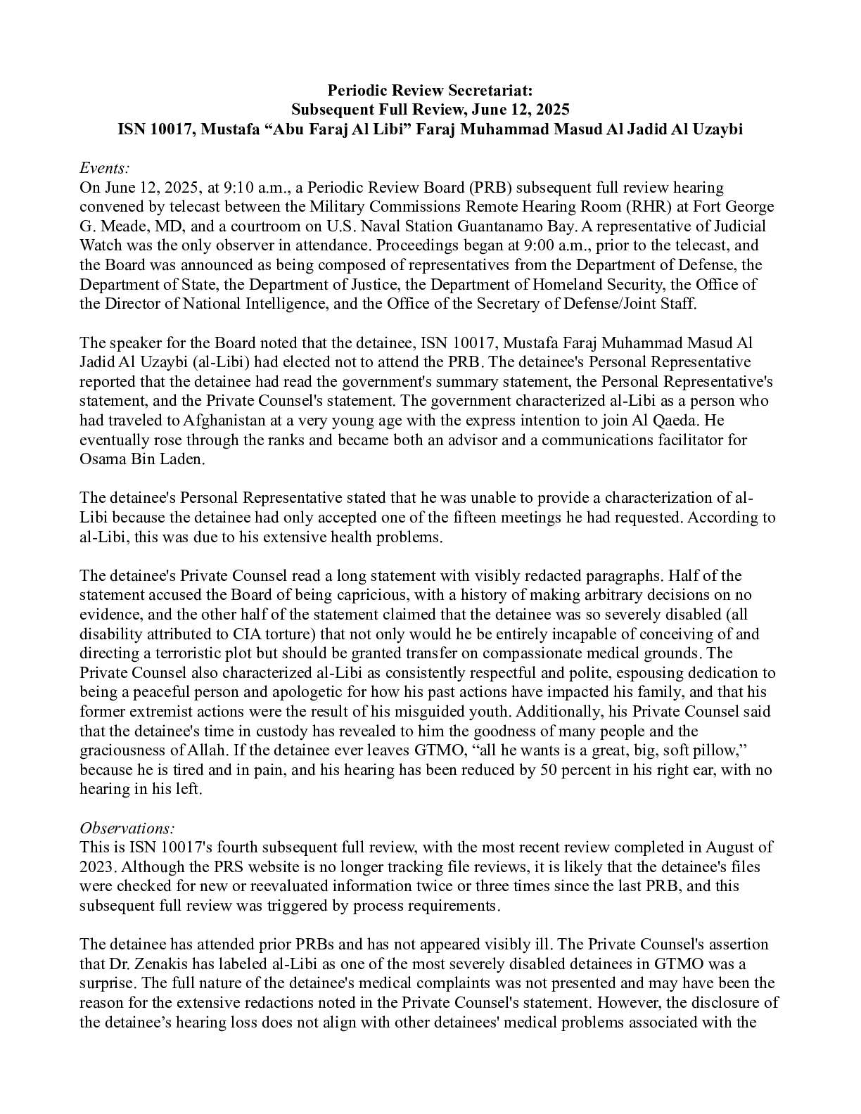 Periodic Review Secretariat: Subsequent Full Review, June 12, 2025 ISN 10017, Mustafa “Abu Faraj Al ...