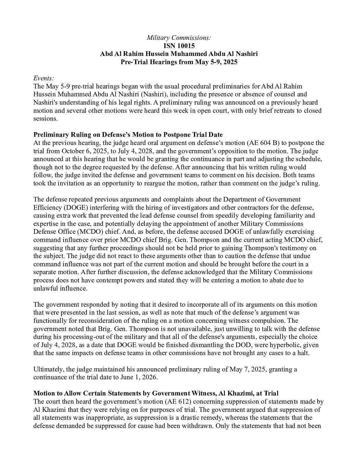 ISN 10015 Abd Al Rahim Hussein Muhammed Abdu Al Nashiri Pre-Trial Hearings from May 5-9, 2025