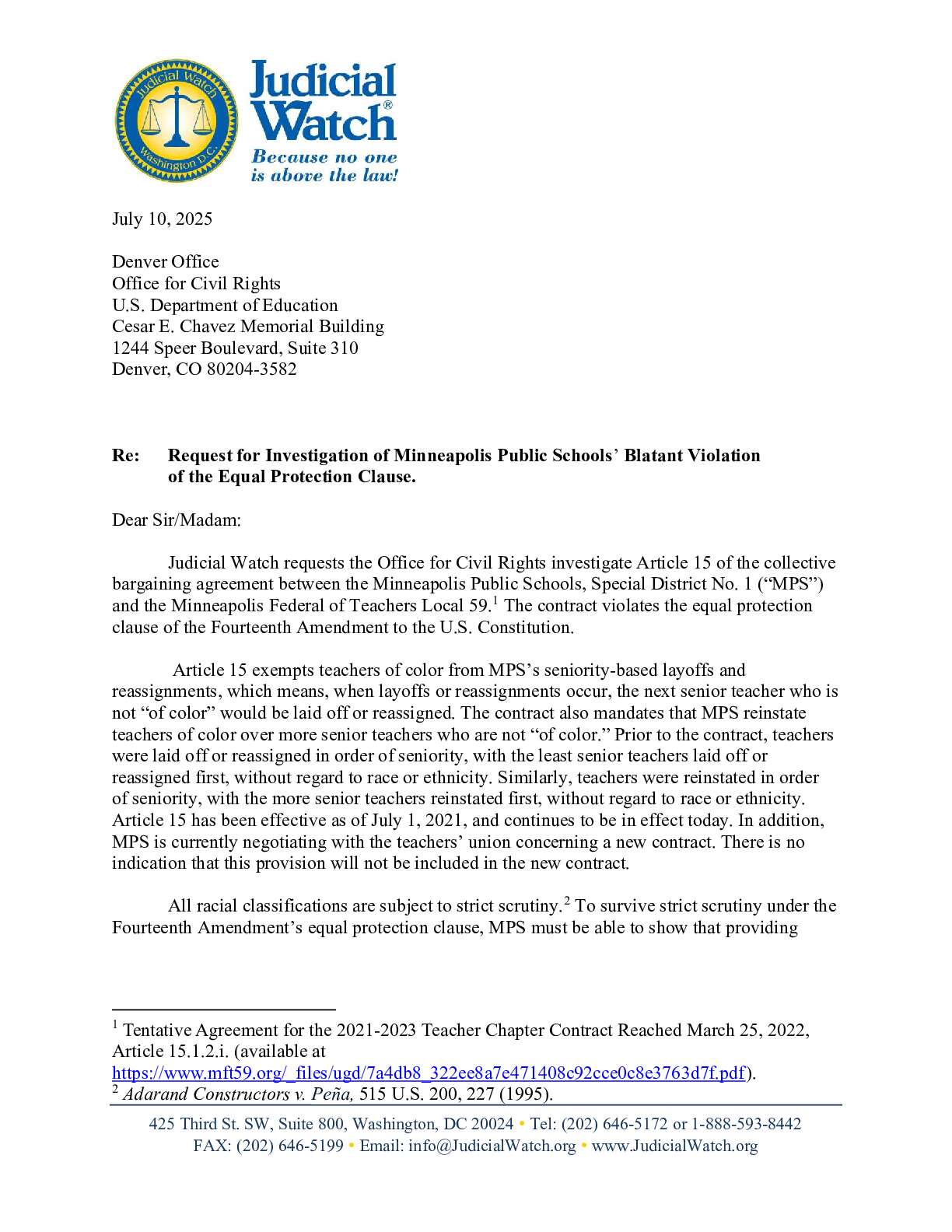 Minneapolis Schools Equal Protection Clause Letters 2025