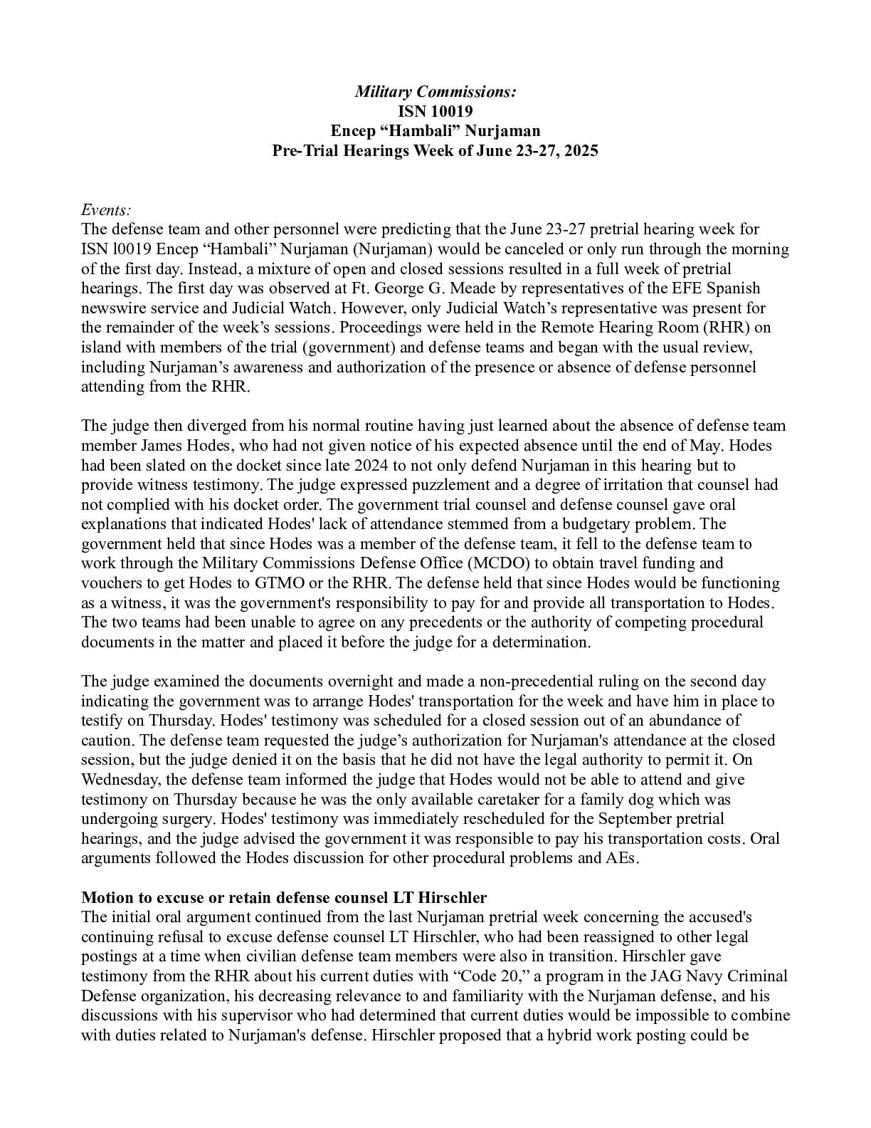 Summary of NURJAMAN Pre-Trial Hearing Week, 23-27JUN2025