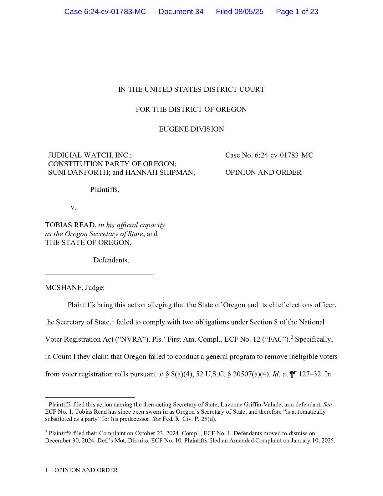 JW v Oregon NVRA decision 01783