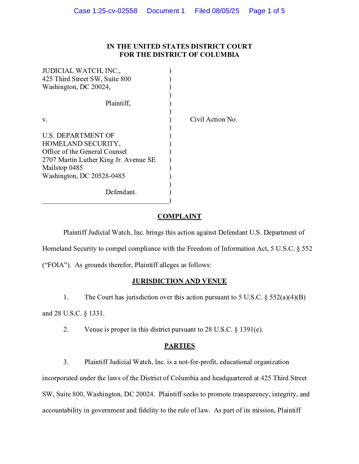 JW v DHS UAC complaint 02558
