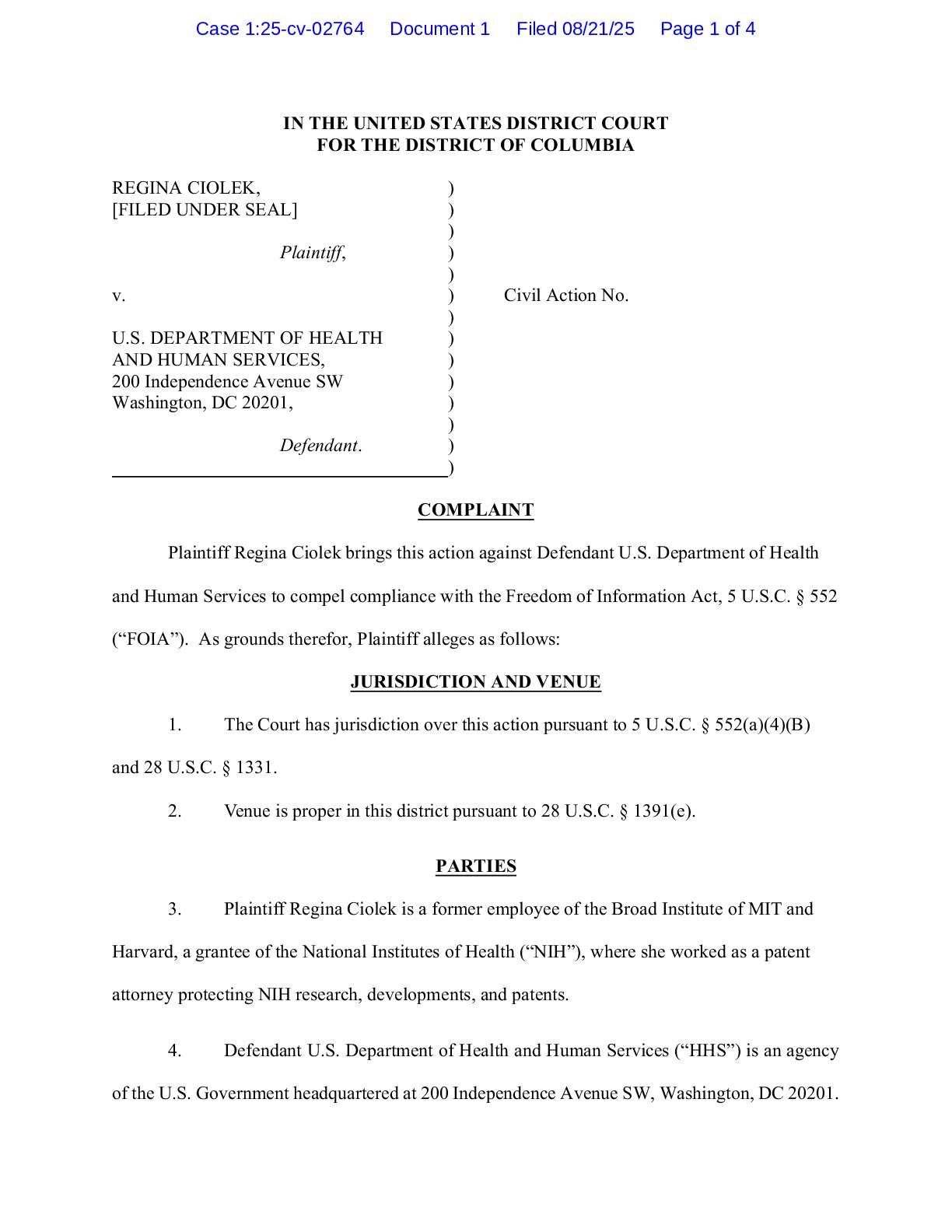 Ciolek v. HHS complaint 02764