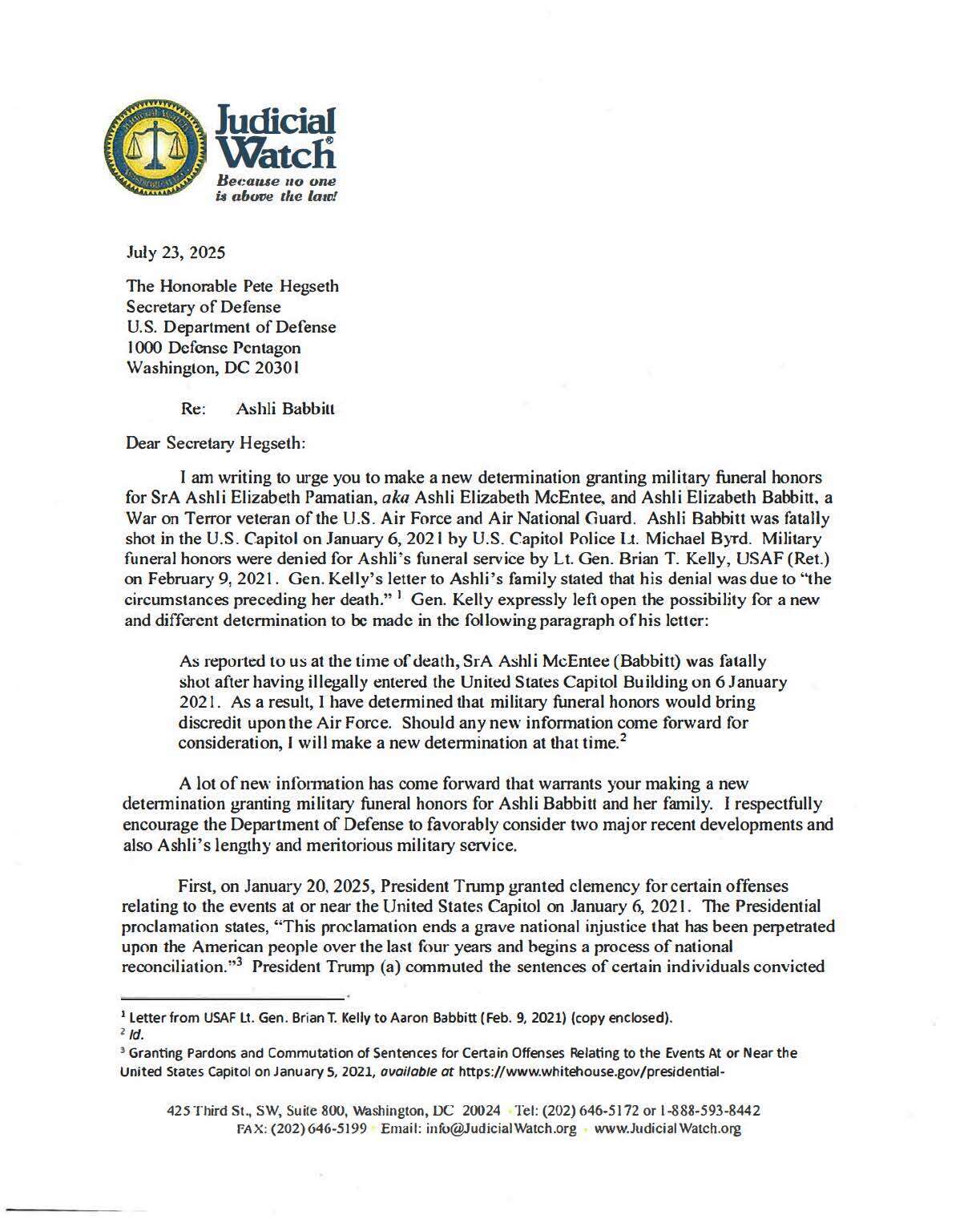 Hegseth Babbitt letter 2025