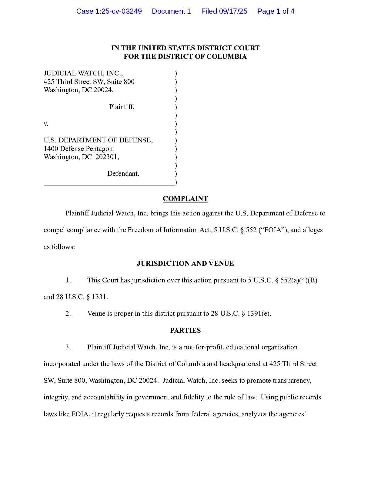 JW v. U.S. DOD Babbitt Denial complaint 03249
