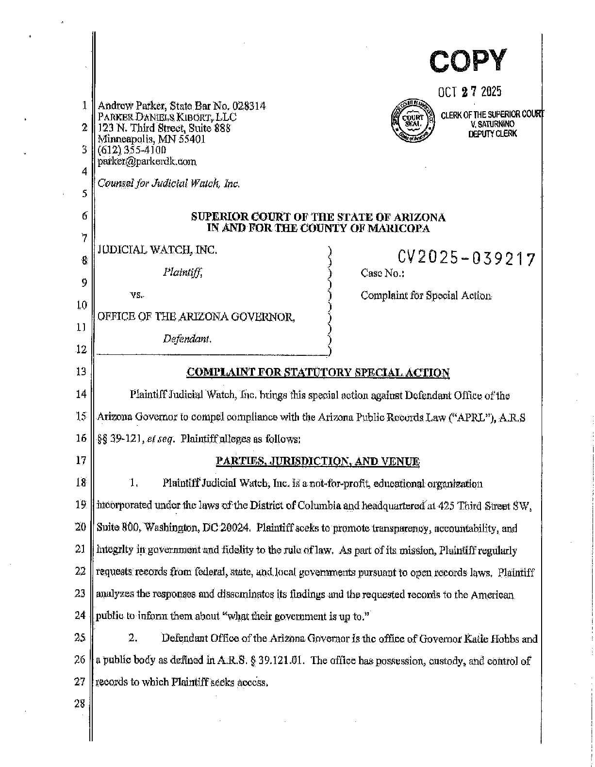 JW v. Office of AZ Governor complaint 039217