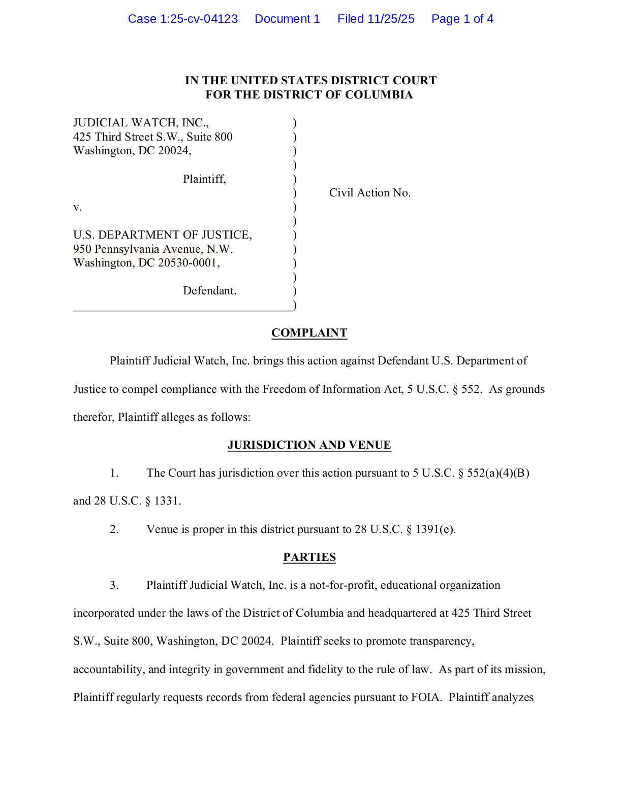 JW v DOJ House Epstein Subpoenas complaint 04123