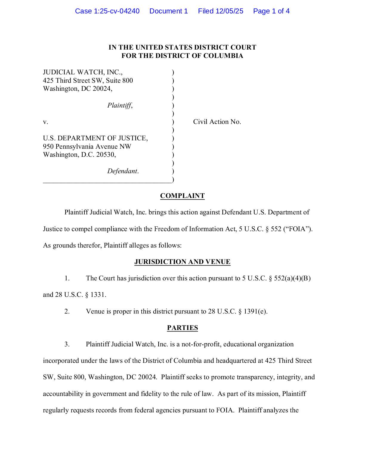 JW v. DOJ Hunter Laptop complaint 04240