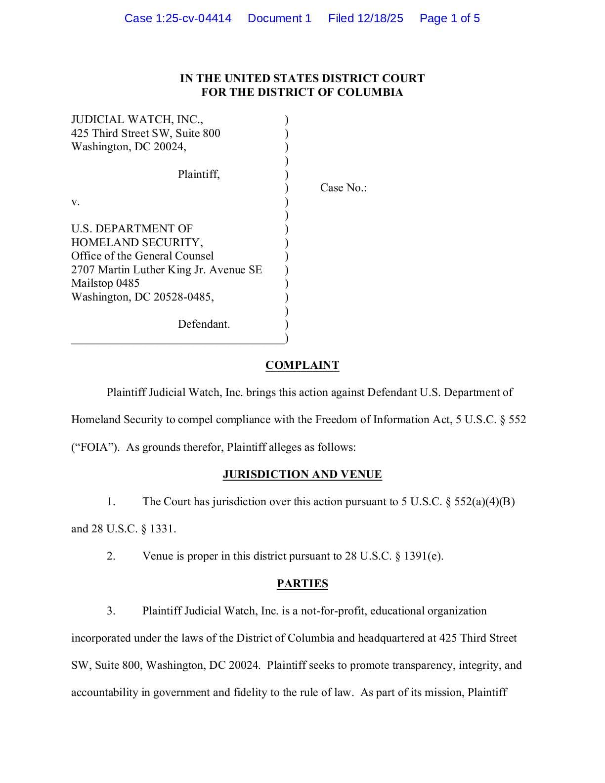 JW v DHS TSA complaint 04414
