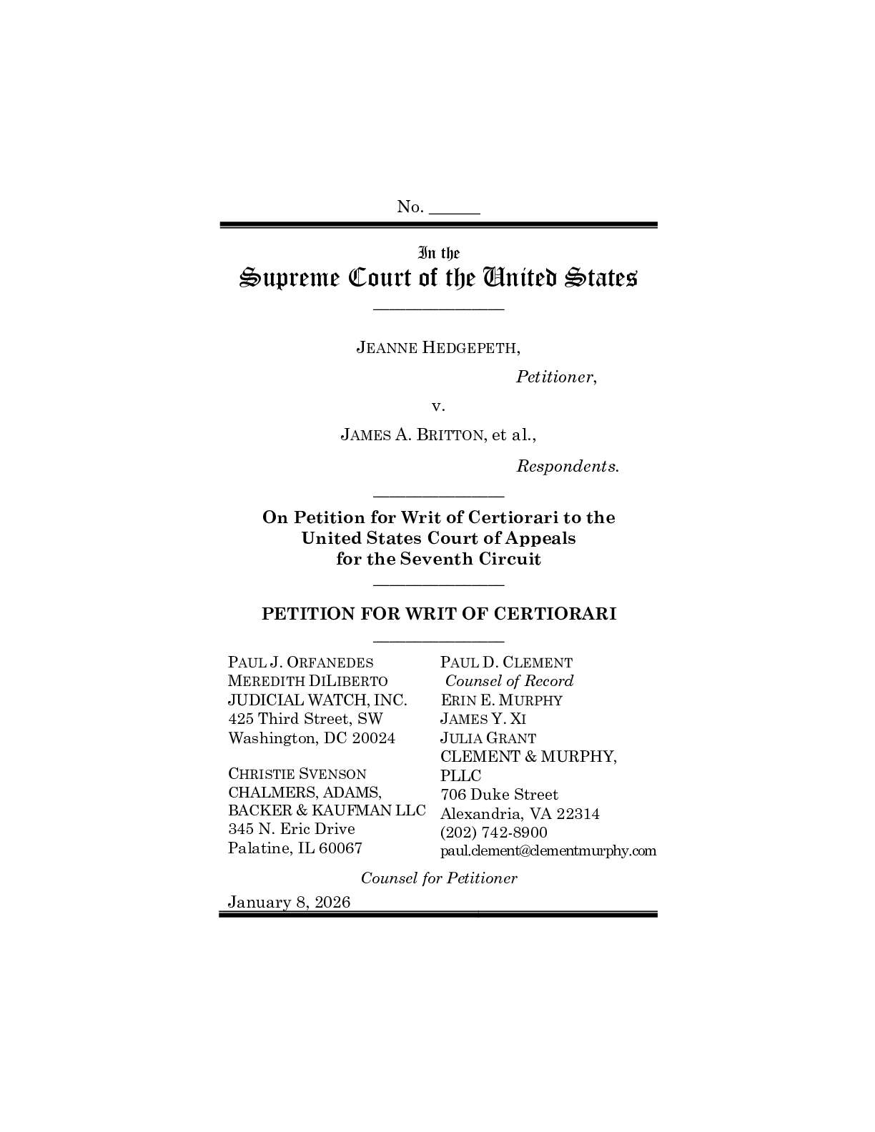 Hedgepeth v. Britton, et al. SCOTUS Cert 2026