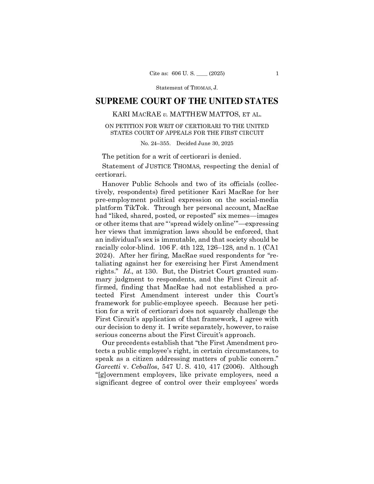 Justice Clarence Thomas Statement Respecting the Denial