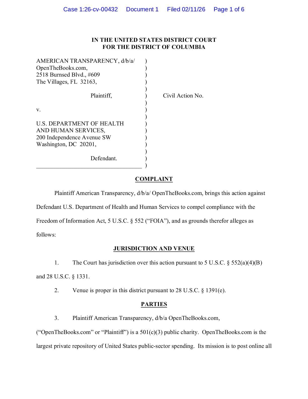 American Transparency v. HHS NIH Royalties complaint 00432