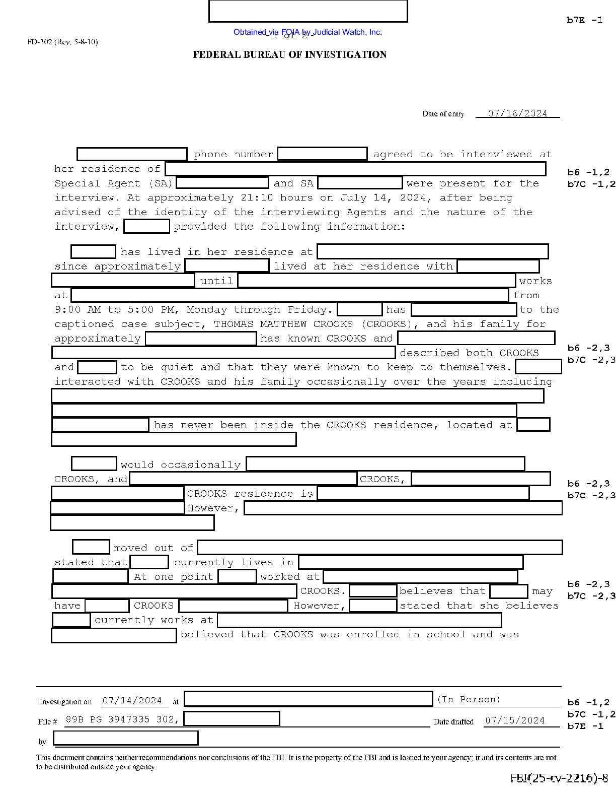 JW v DOJ Thomas Crooks prod 1 02216 pgs 13-14