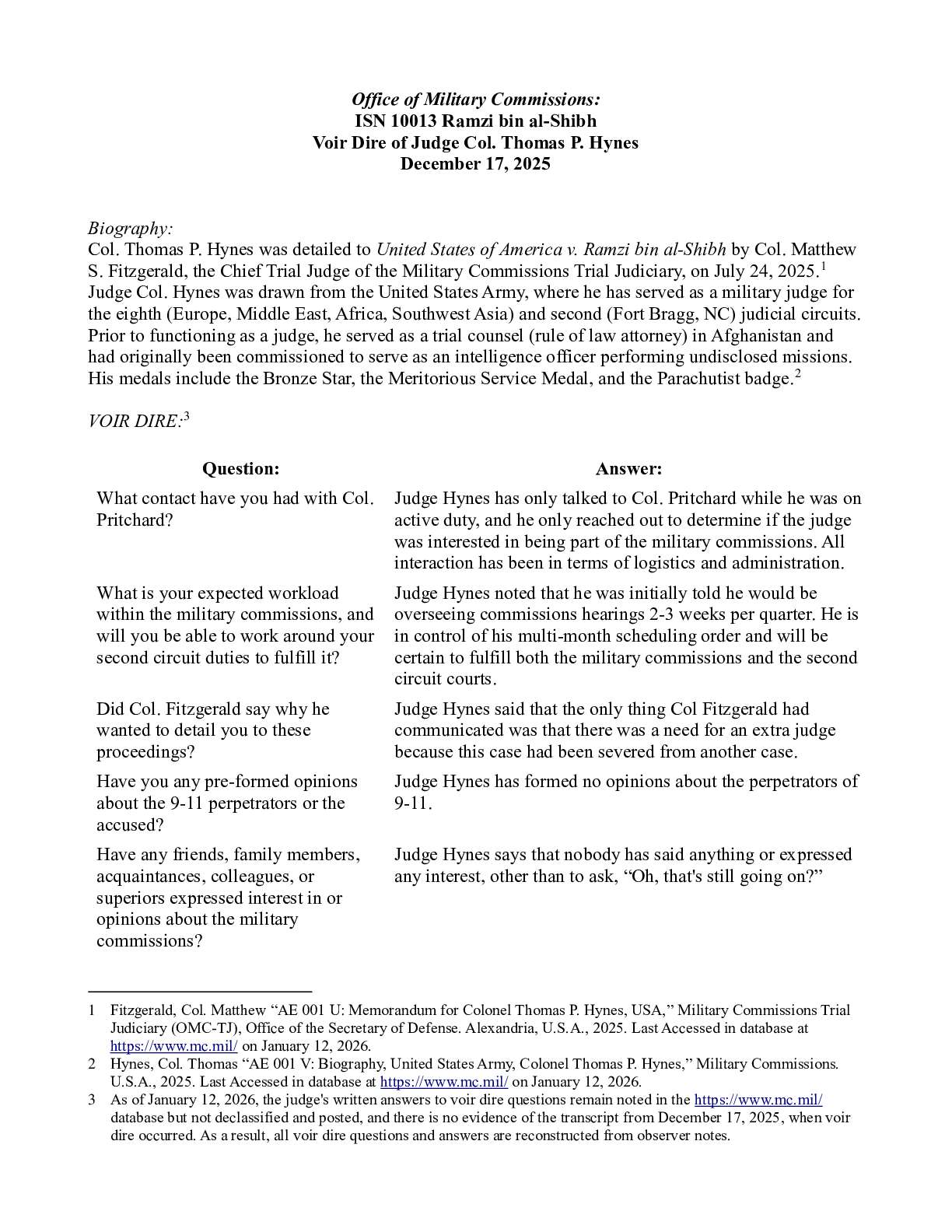 Voir Dire of Judge Col. Thomas P. Hynes December 17, 2025