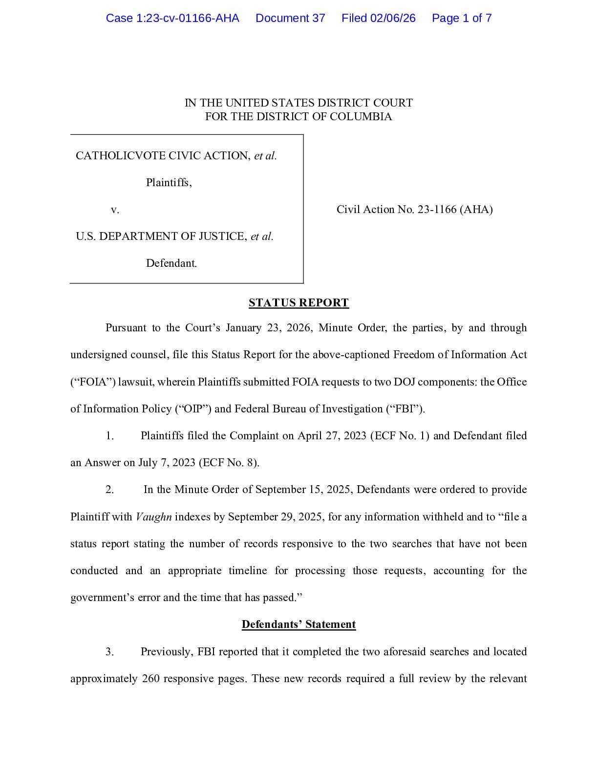 Catholic Vote v FBI DOJ jsr 01166