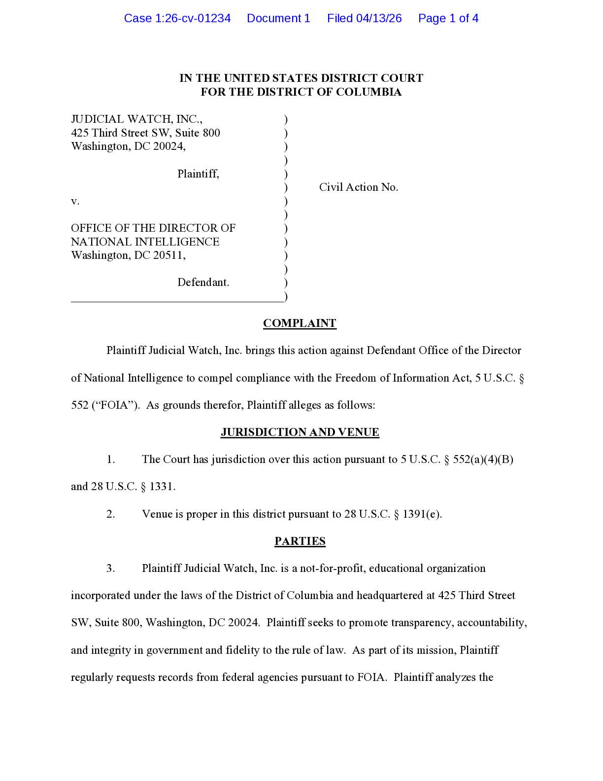 JW v ODNI Coronavirus complaint 01234