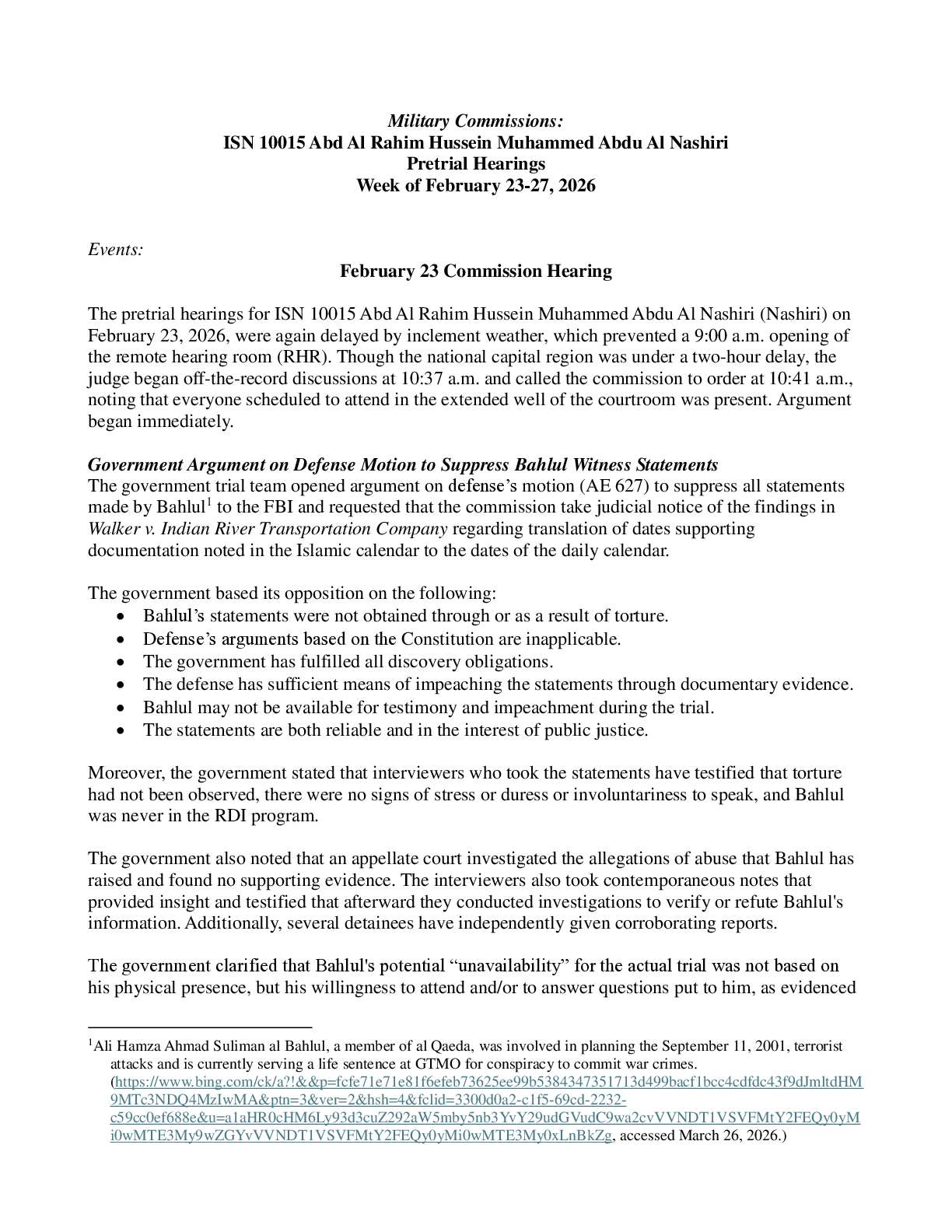 Al Nashiri Pre-Trial Hearing from February 23-27, 2026
