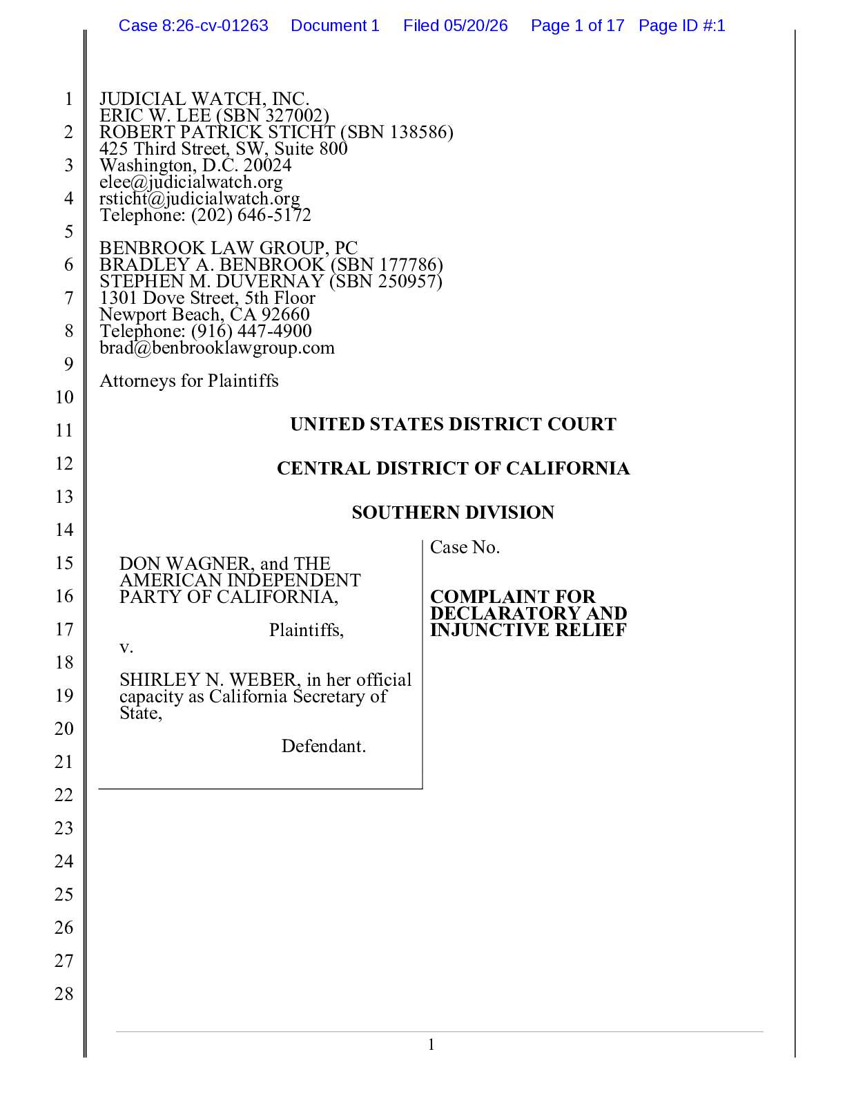 Wagner v Weber CA NVRA Complaint 01263
