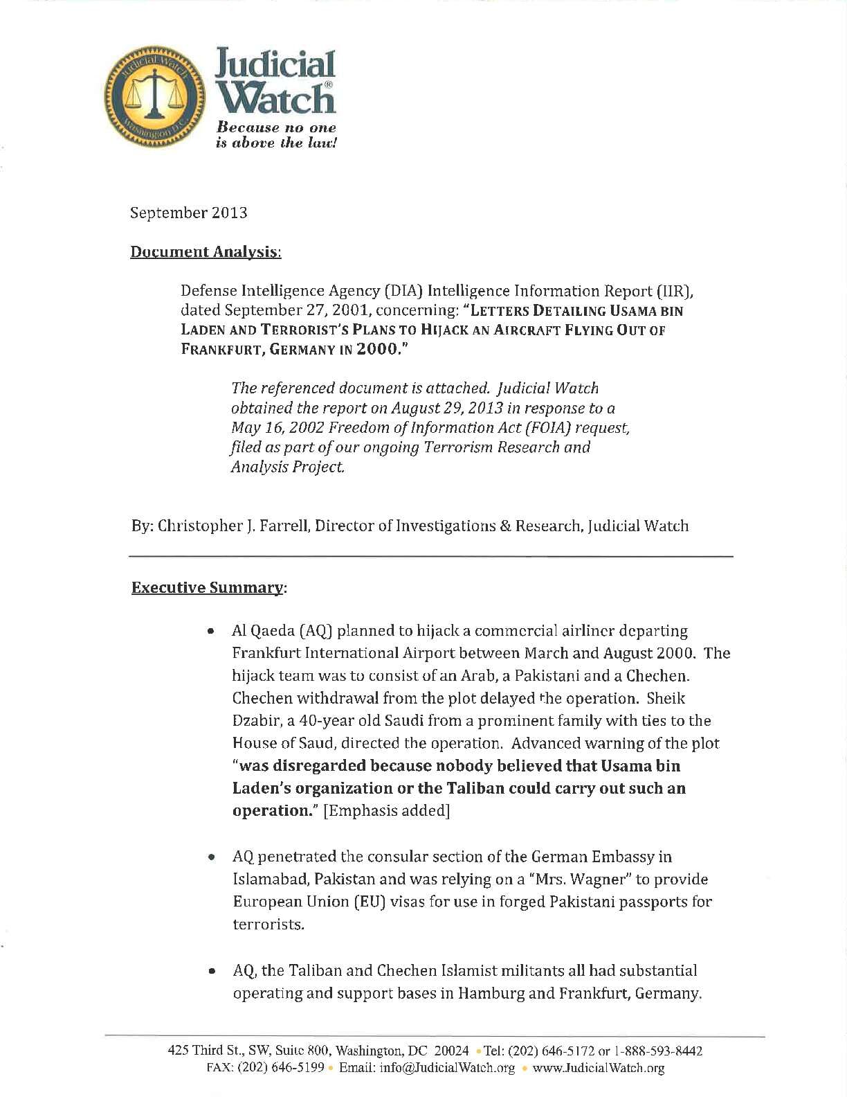 Document Analysis of al Qaeda plot to hijack plane in Frankfurt, Germany