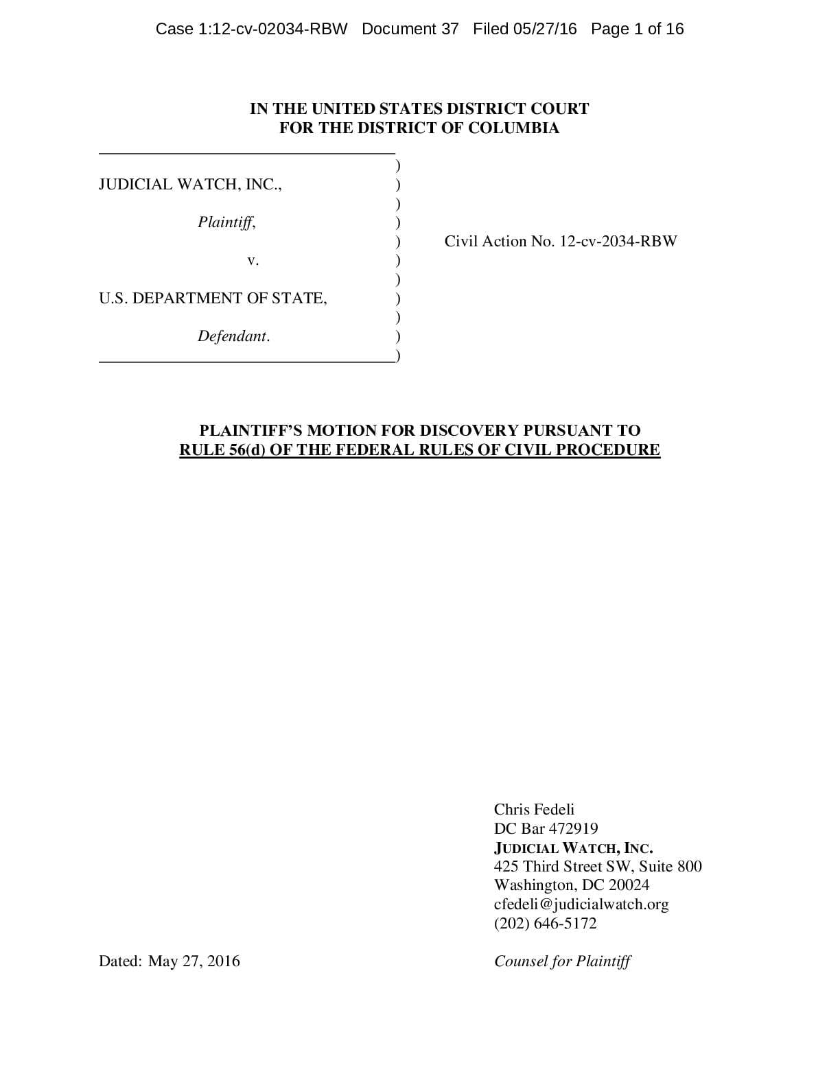 JW v State Pakistan Ad Motion for Discovery 2016 02034