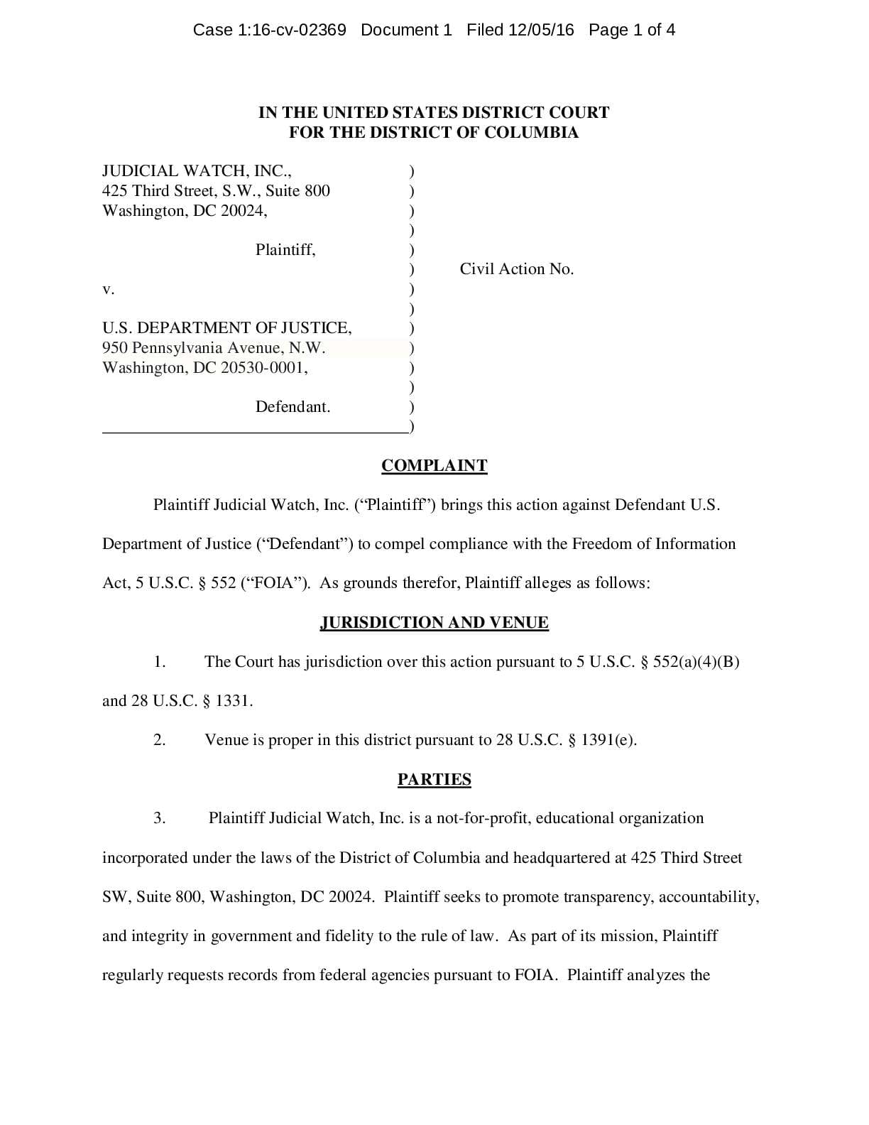 JW v DOJ DATTO Clinton email backup complaint 02369